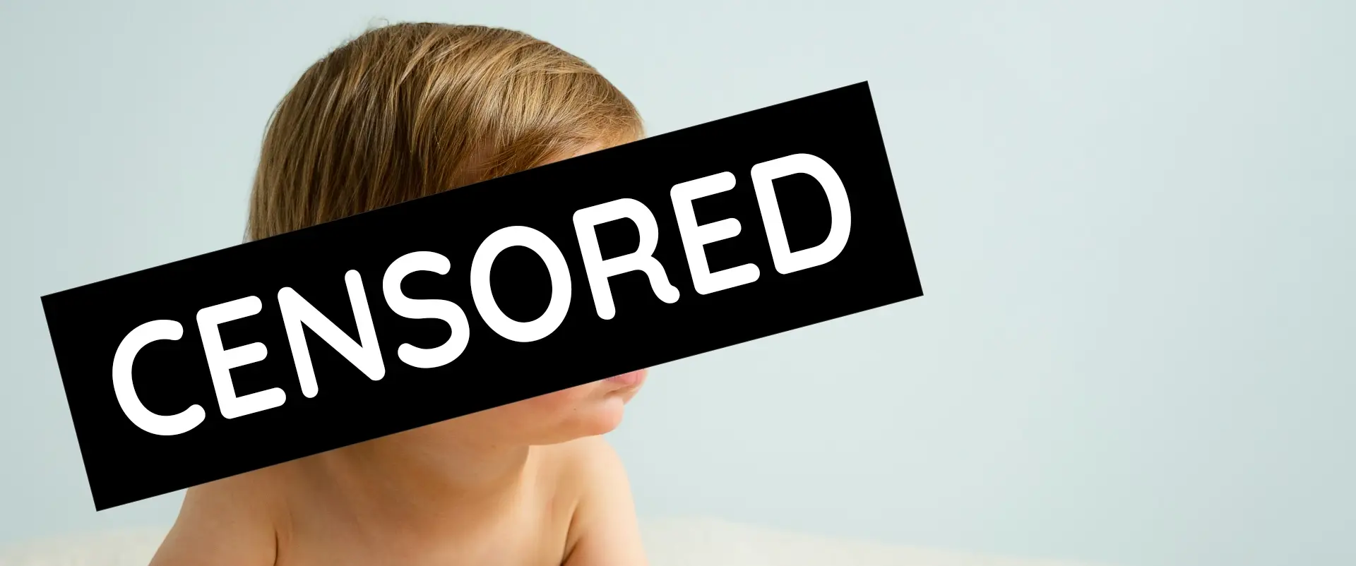 A child with short brown hair is partially visible. A black bar with "CENSORED" covers the eyes, obscuring identity.